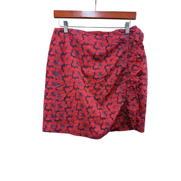 Red Floral Embroidered Skirt With Ruched Side Design & Back Zipper Closure Size - Picture 1 of 8
